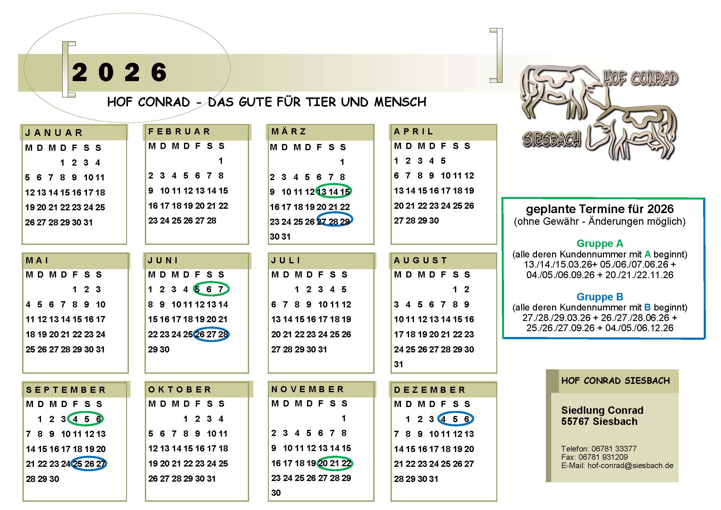 Trmin-Übersicht 2026 Hof Conrad Siesbach